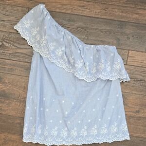 Michael Kors Light Blue Off-Shoulder Blouse with White Embroidery